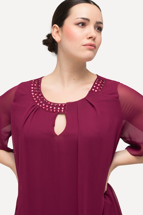 Chiffonkleid, Schmucksteine, A-Linie, Rundhals, Halbarm