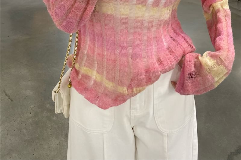 Shinsei - Top met lange mouwen en boothals in kleurblokmotief en distressed breiwerk