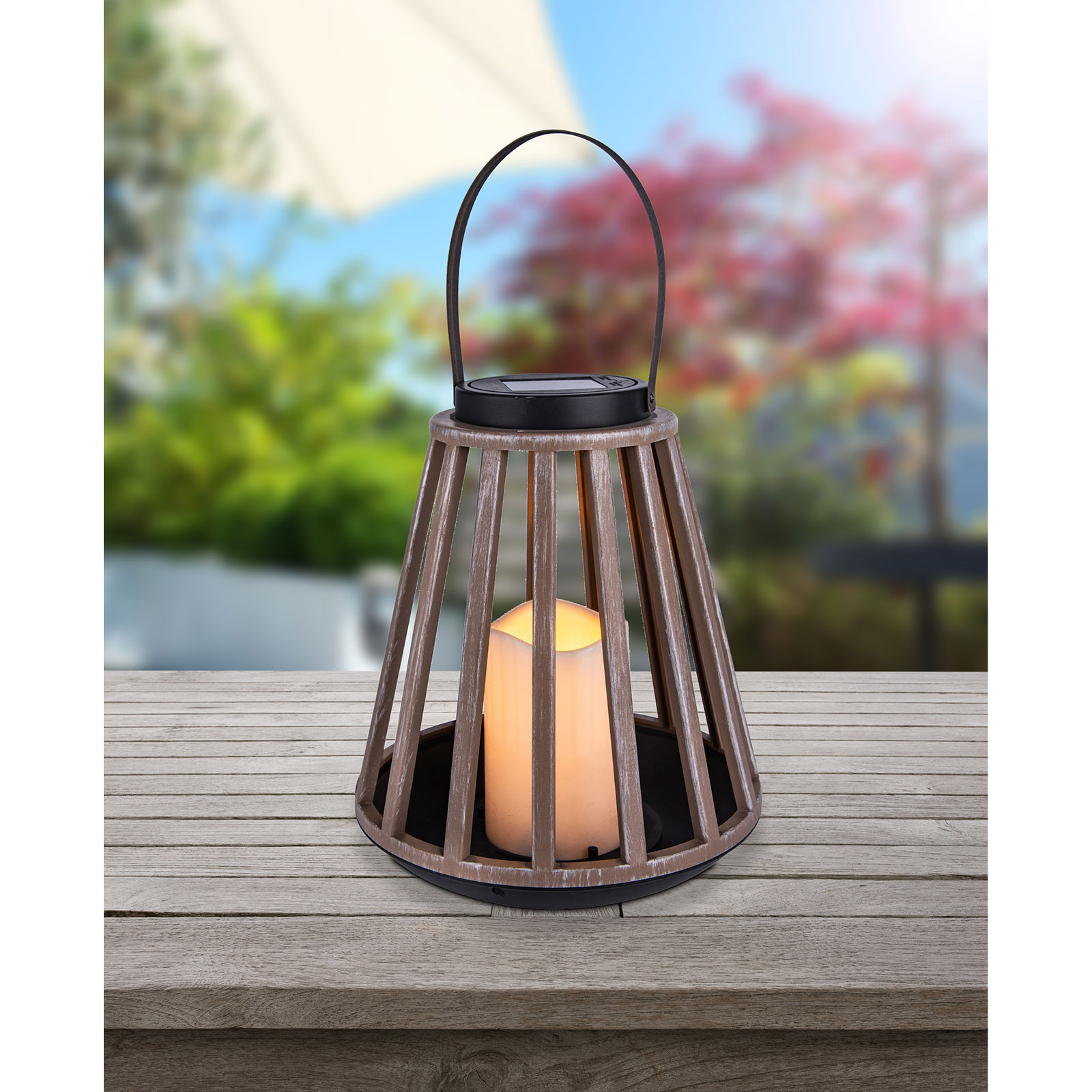 LED-Solarleuchte - Holzoptik - mit Flammeneffekt