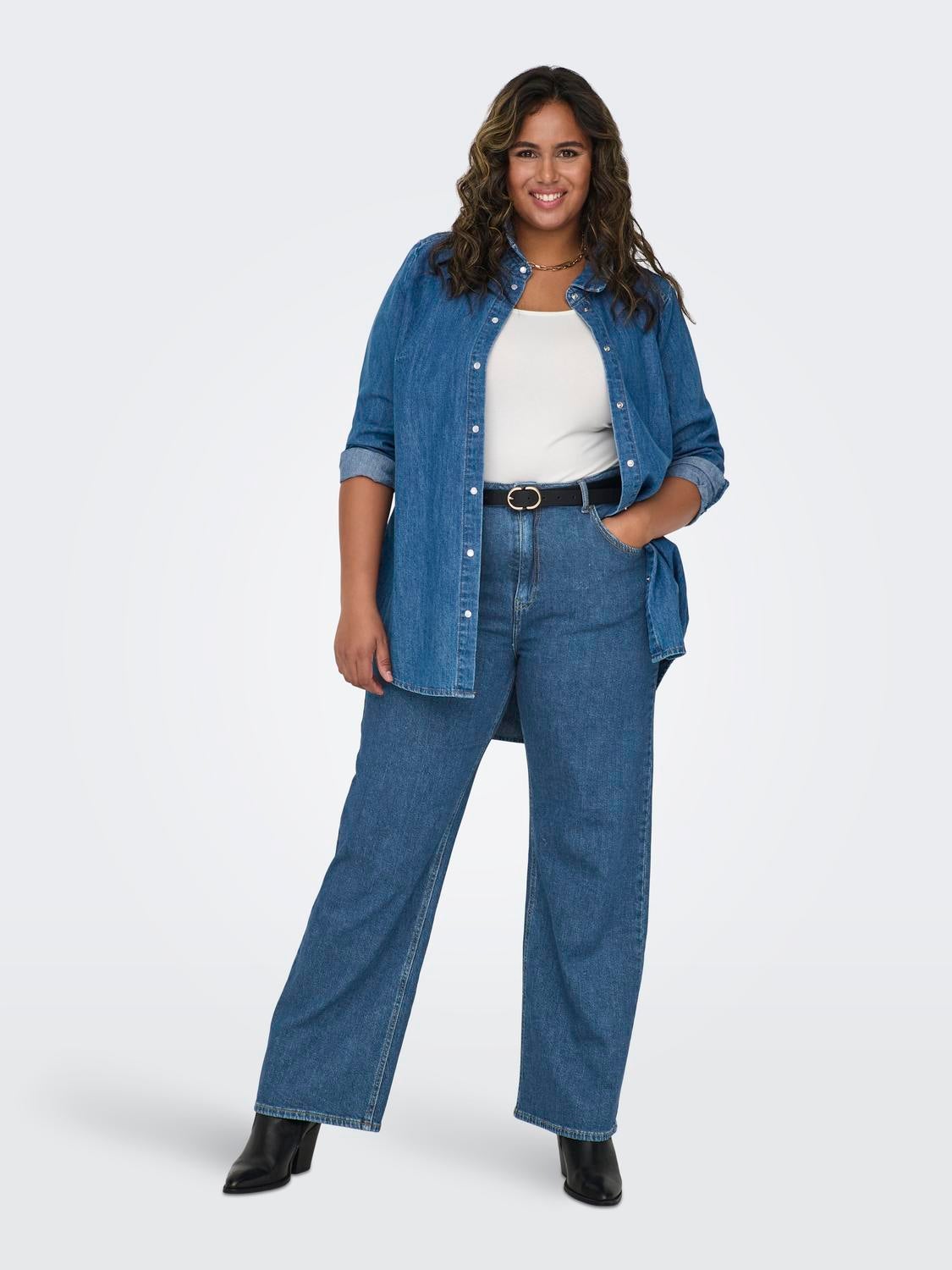 CARHOPE Hohe Taille Weiter Beinschnitt Jeans Dark Blue Denim