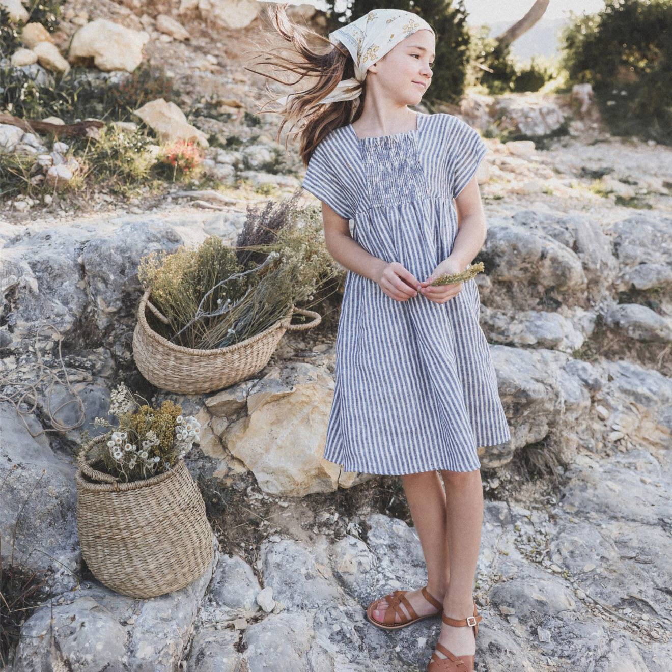 Cyrillus Robe en 100% Lin Carré & Smocks bleu foncé