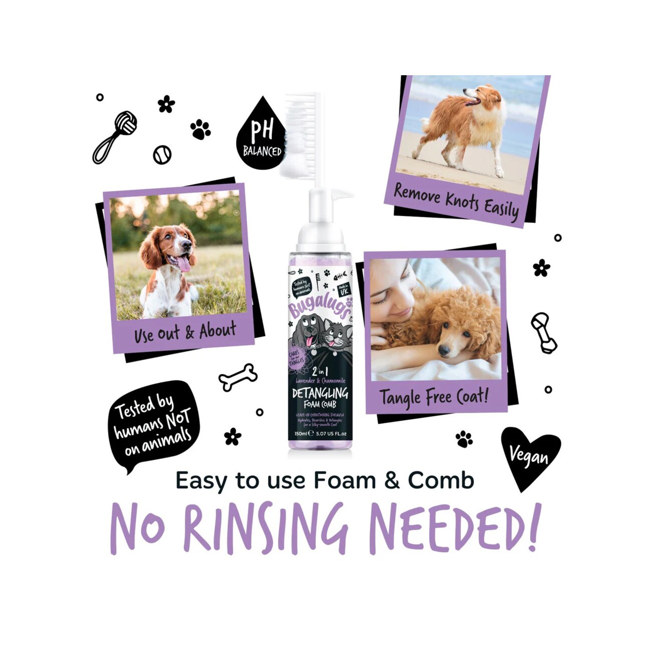 Bugalugs Fellentwirrungsschaum mit Kamm Lavendel & Kamille 150 ml