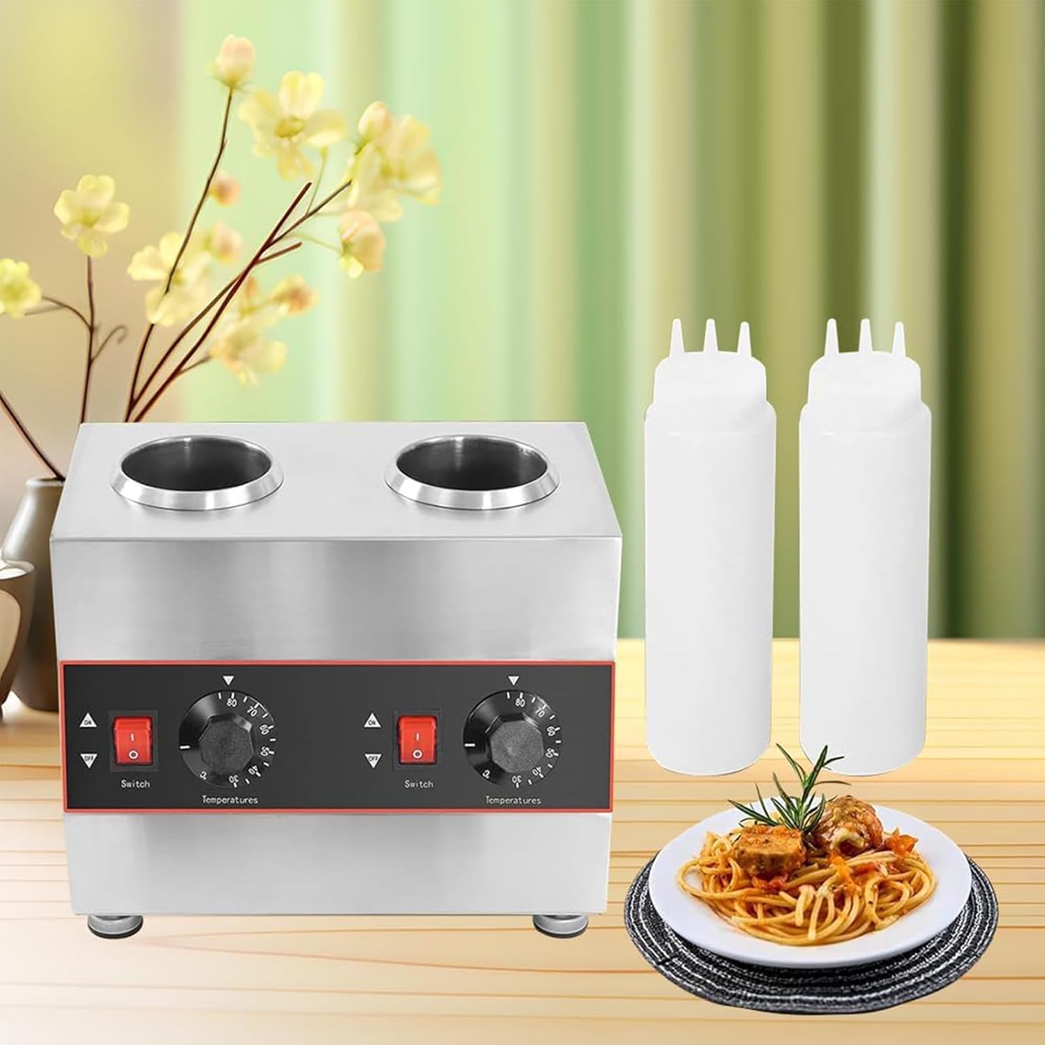 Kommerzieller Elektrischer Soßenwärmer mit mit 2*650-ml-Quetschflasche, kommerzieller elektrischer Käsesoßenspender, temperaturgesteuert, zum Erwärmen von Schokolade, Butter und Marmelade (30 - 85 °C)