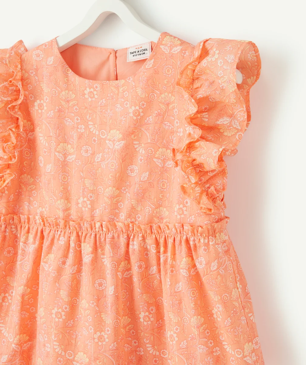 ROBE ROSE À VOLANTS FILLE IMPRIMÉ FLEURI ET LISERÉS COULEUR DORÉE