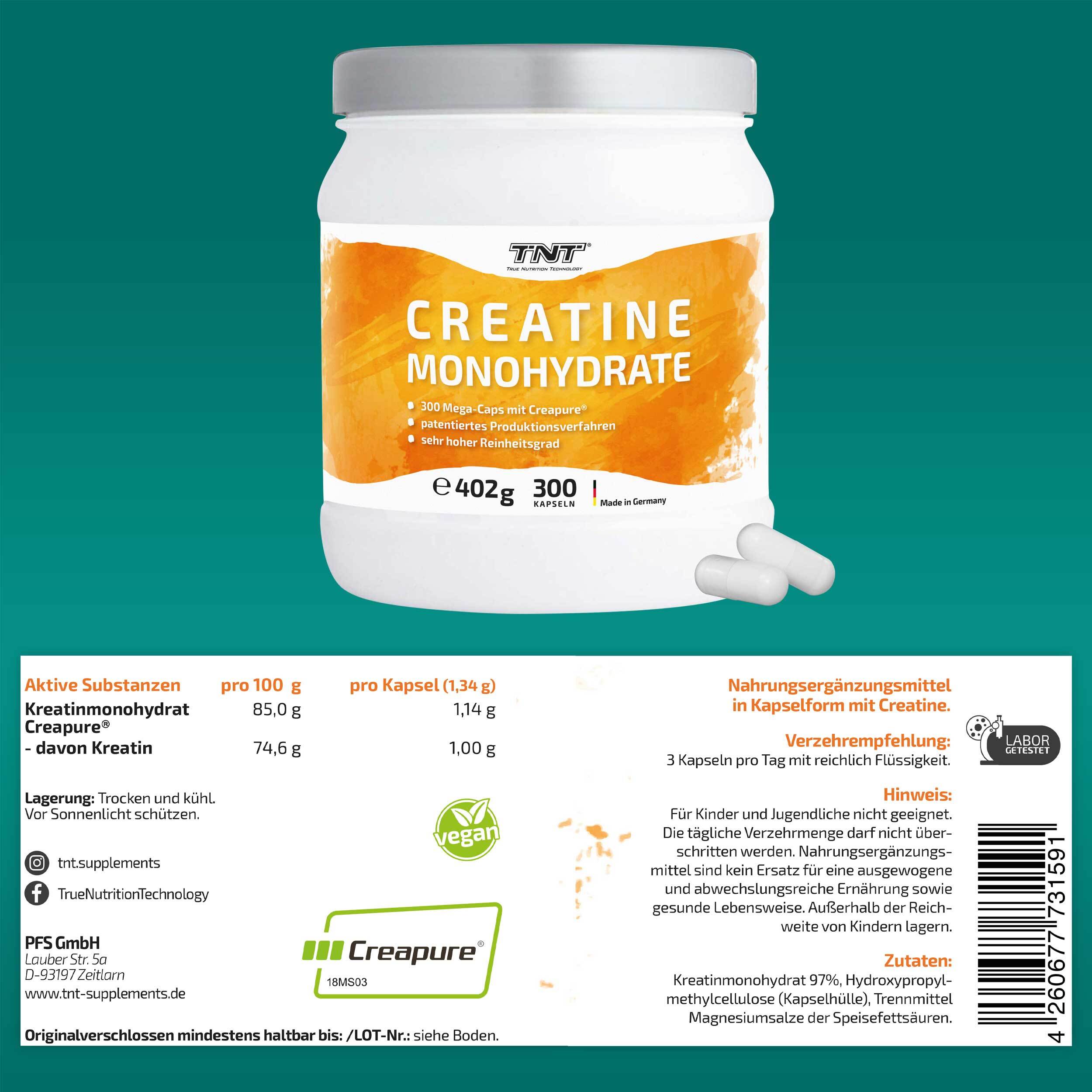 TNT Creatine Monohydrate 300 Kapseln mit Creapure® - Made in Germany