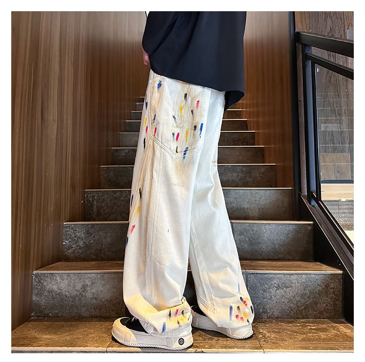 Priam - High Waist Paint Splatter Wide Leg Jeans / Set