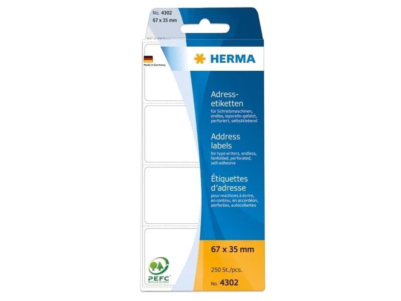 HERMA - Klæbemiddel - perforeret - hvid - 67 x 35 mm 250 stk. adresse-fanfold-mærkater