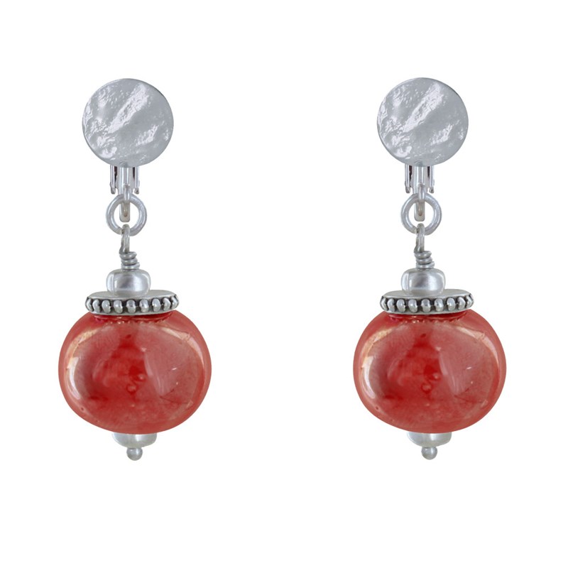 Boucles d'Oreilles Clip Métal Argenté et Grosses Perles en Céramique