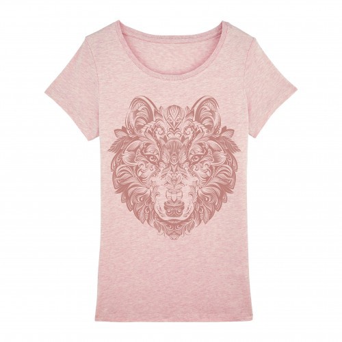 Camiseta feminina com estampa de mandala de lobo rosa