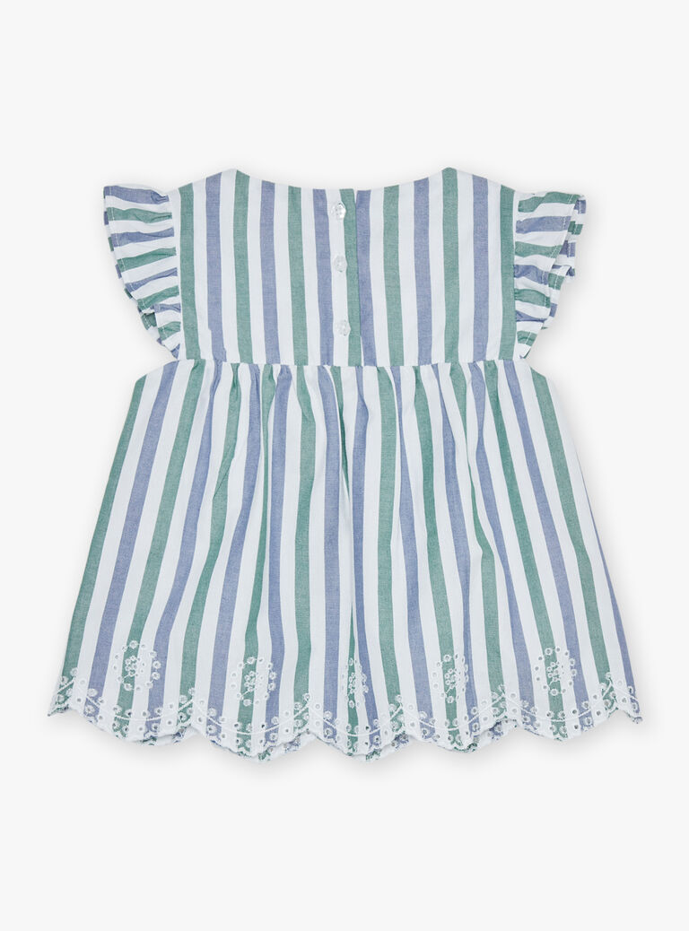 Blouse écrue volantée à rayures bleu et vert