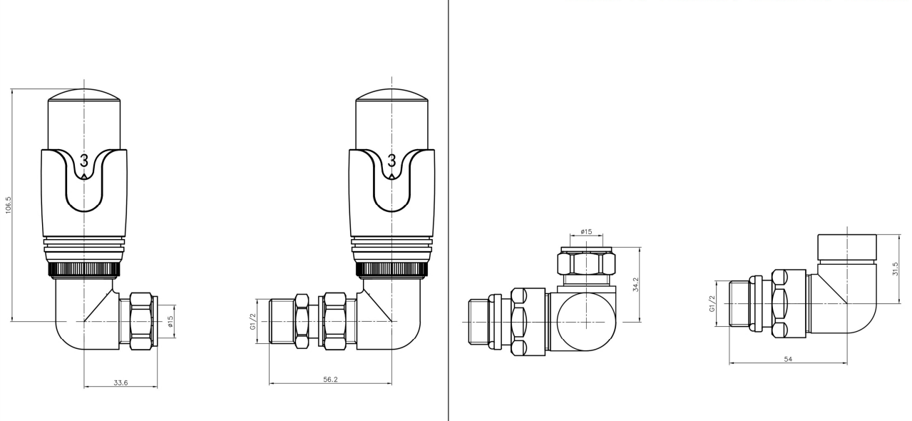 Eastbrook Valve radiator aansluitset haaks gedraaid met thermostaat 15mm RVS/wit