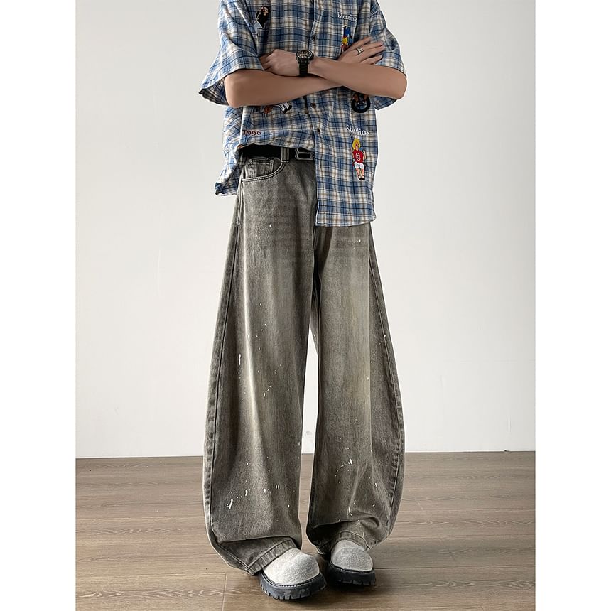 Filmas - Mid Rise Splash Print Washed Wide Leg Jeans