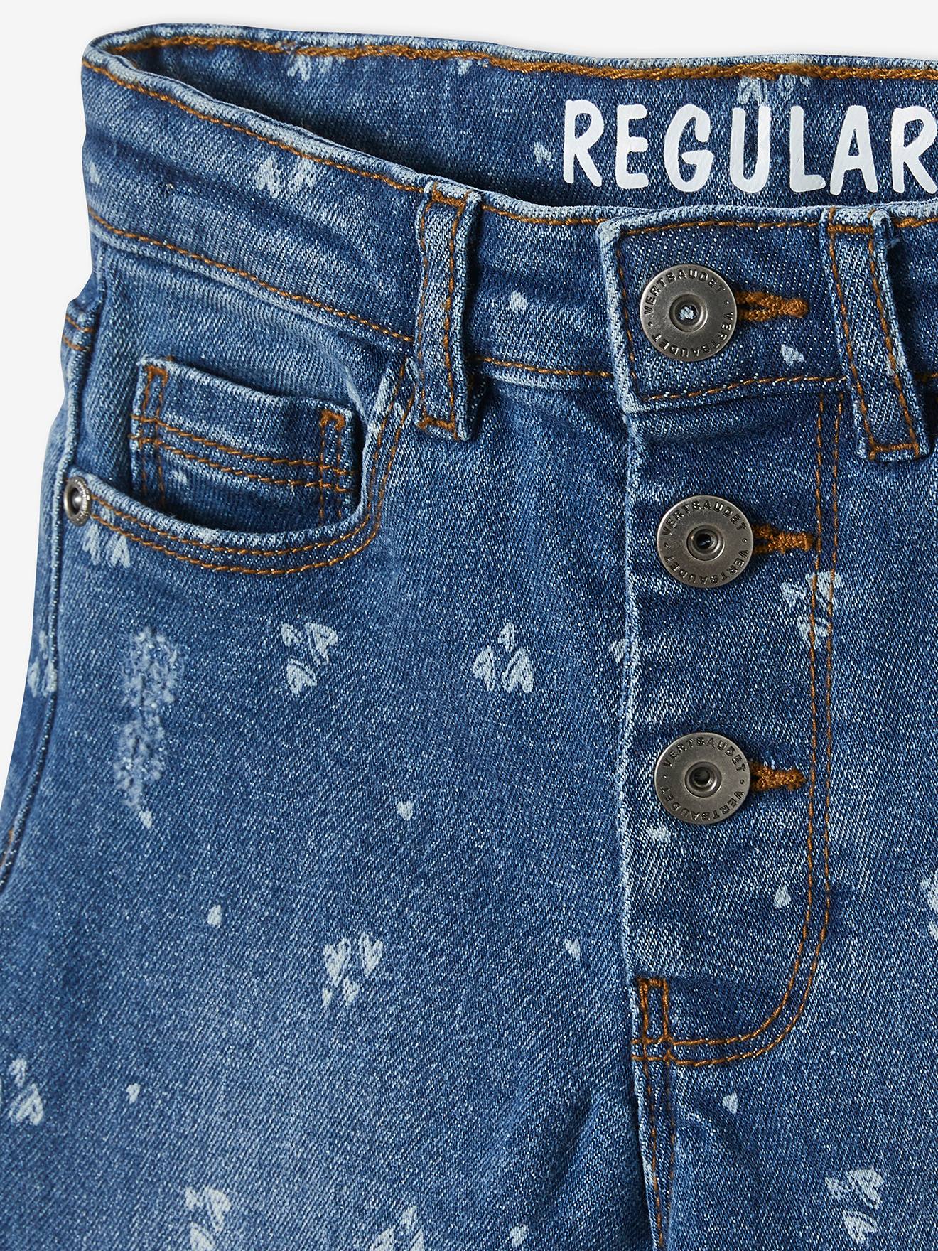Calça jeans reta com detalhes desgastados, para menina, lavagem azul média
