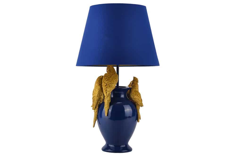 Handgefertigte Tischlampe PARROT 55cm blau gold Papagei-Skulptur Stoffschirm