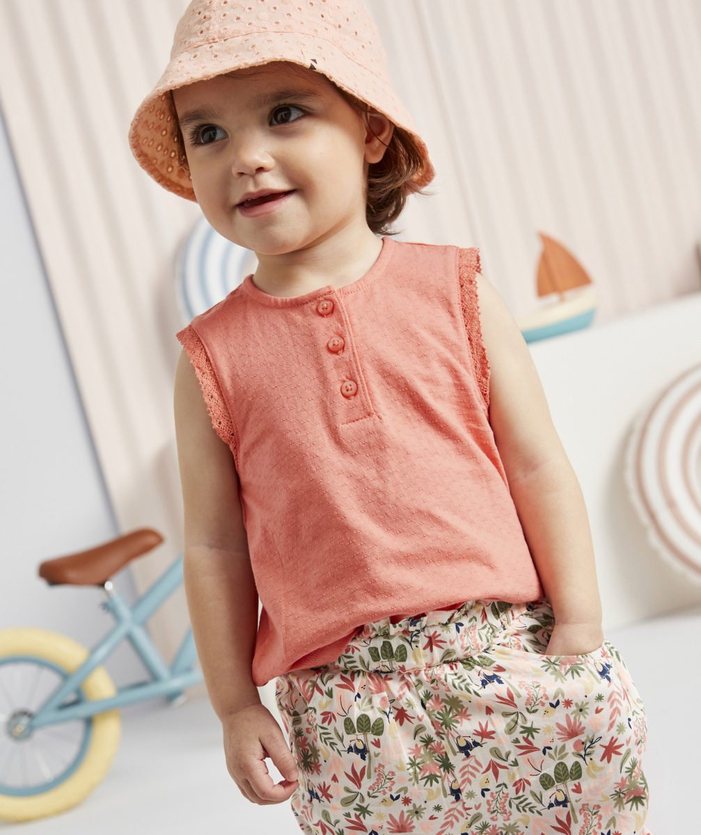 T-SHIRT BÉBÉ FILLE EN COTON SANS MANCHES COULEUR CORAIL