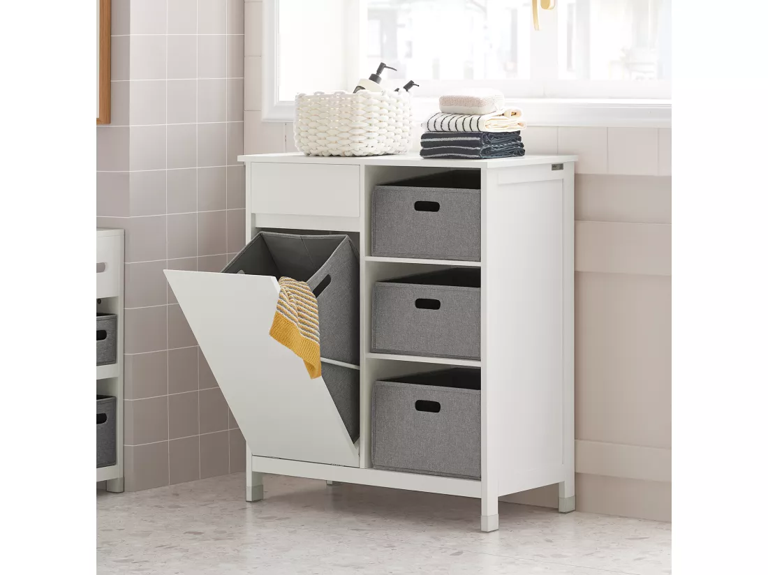 Placard Meuble Bas De Salle De Bain Avec 1 Tiroir, 1 Panier À Linge 3 Panier, Sacs À Linge, BZr77-w