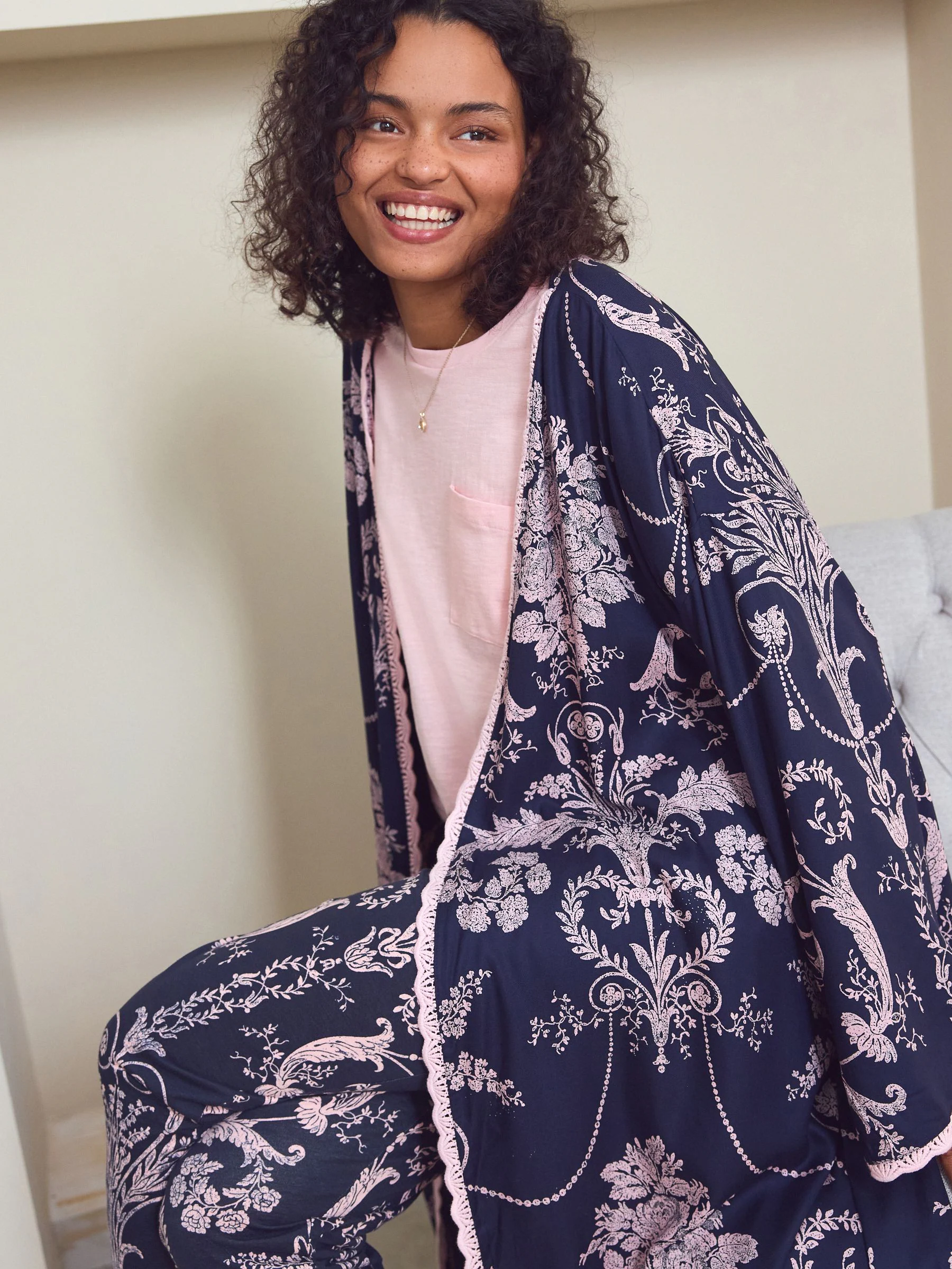 Donkerblauw/roze - Laura Ashley Josette badjas