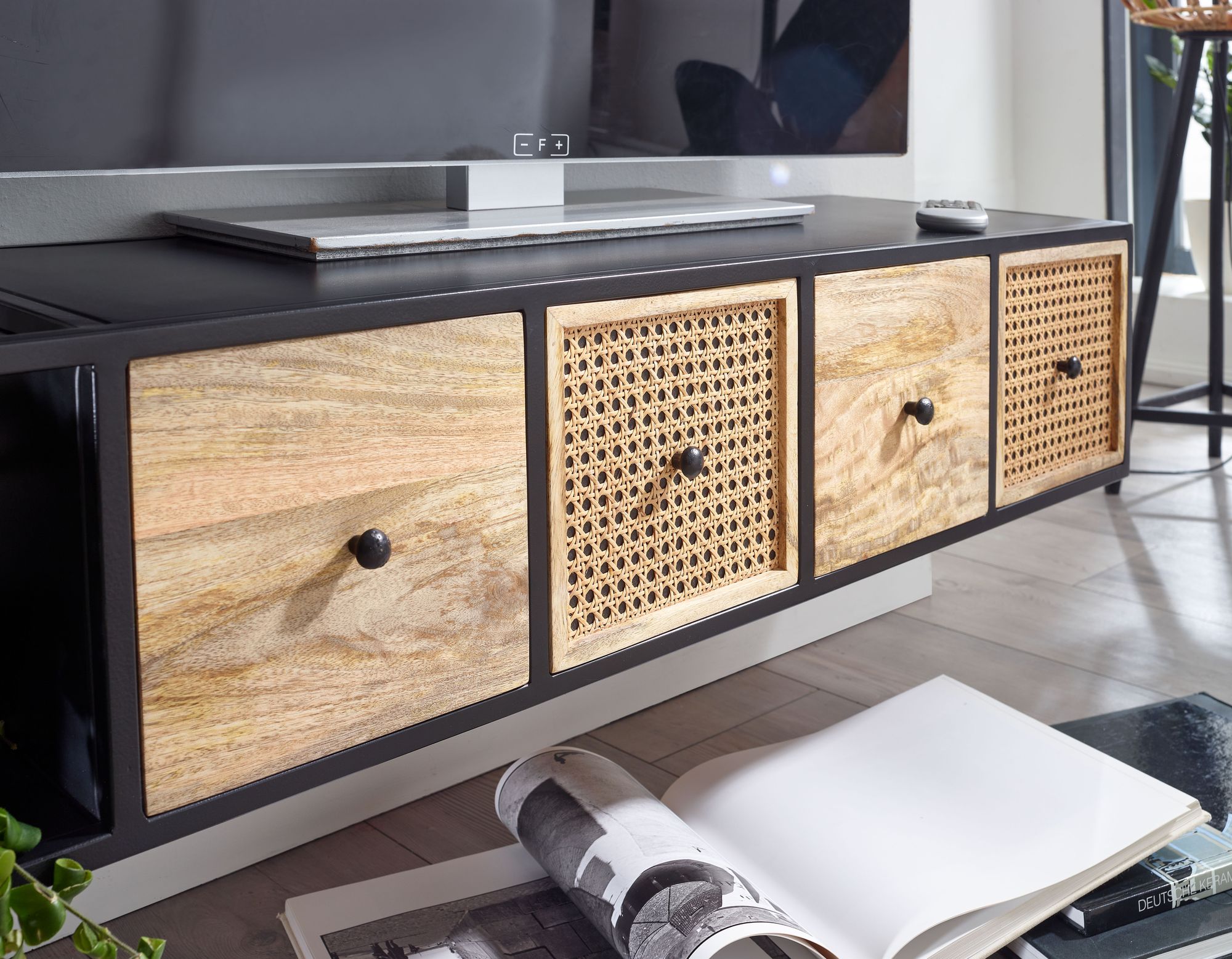 TV Schrank FineBuy Lowboard Hängend 150x25x35 cm Wiener Geflecht Holz Metall
