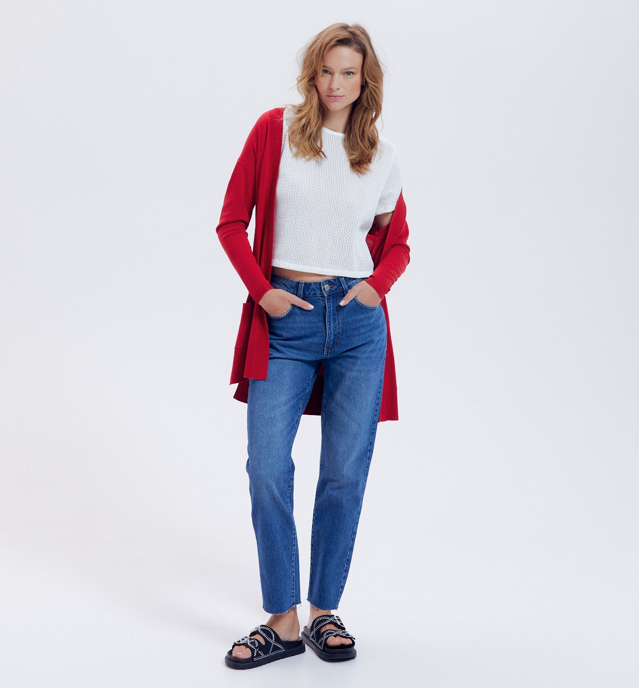 Long gilet en maille fine - Rouge