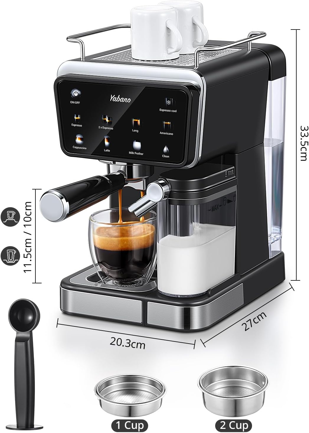 Yabano Espressomaschine Siebträgermaschine 20 Bar mit 500ML Automatischer Milchaufschäumer, 6 Getränke, Modernes Farb-Touchscreen-Display, 1.5L Wassertank, Cappuccino & Latte Kaffeemaschine, 1350W