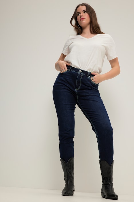 Mom-Jeans, Color-Nähte, 5-Pocket, Elastikbund, Zippfly