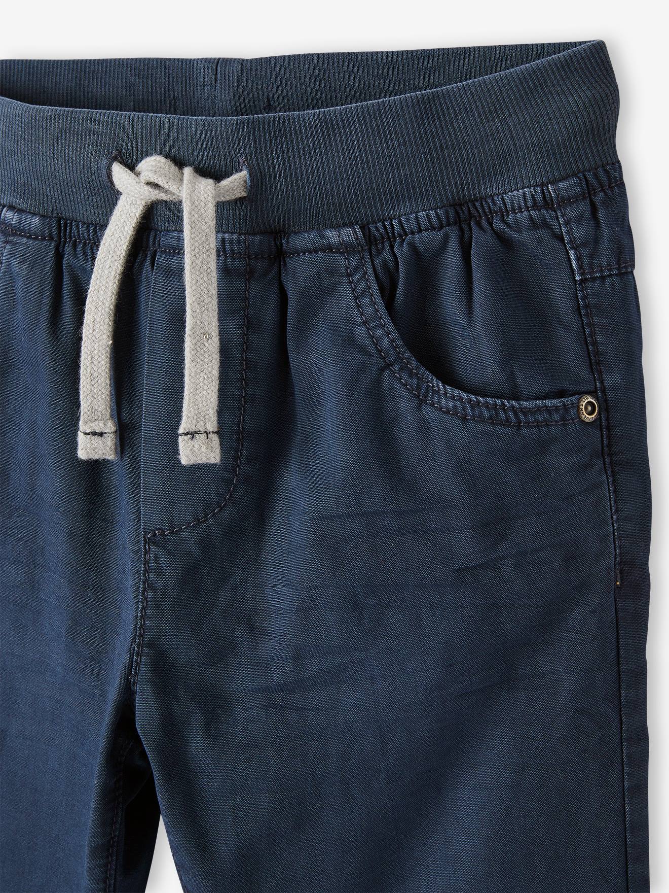 Calças de moletom forradas com lã polar, fáceis de vestir, para meninos, lisas na cor azul-escura com estampas.
