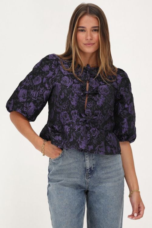 Zwart & paarse jacquard top met strikjes