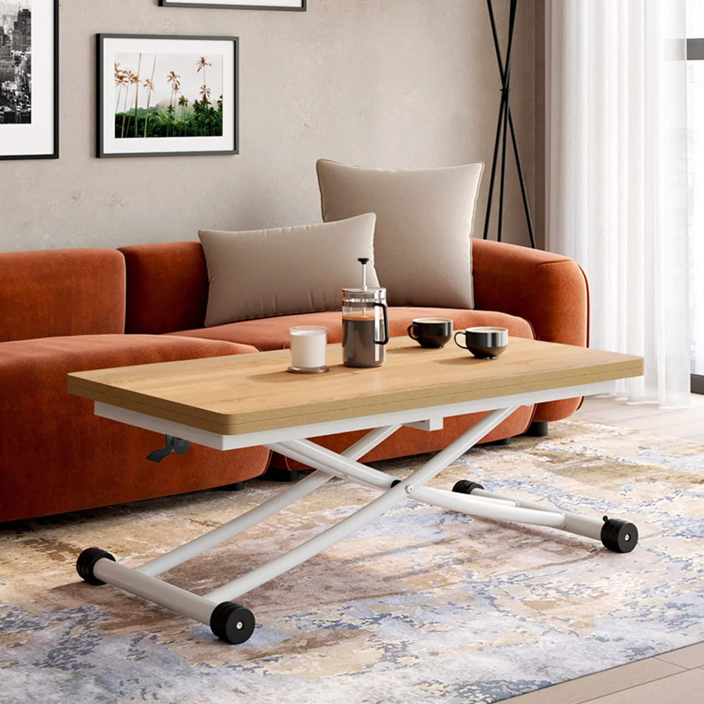 Table basse 2-en-1 relevable en table à manger 6-8 personnes plateau portefeuille URBANA plateau façon hêtre pied blanc