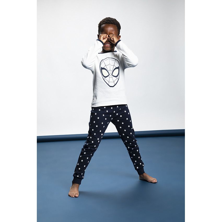 Pyjama en interlock 2 pièces t-shirt manches longues + pantalon imprimé fluo Spiderman pour garçon - Ecru