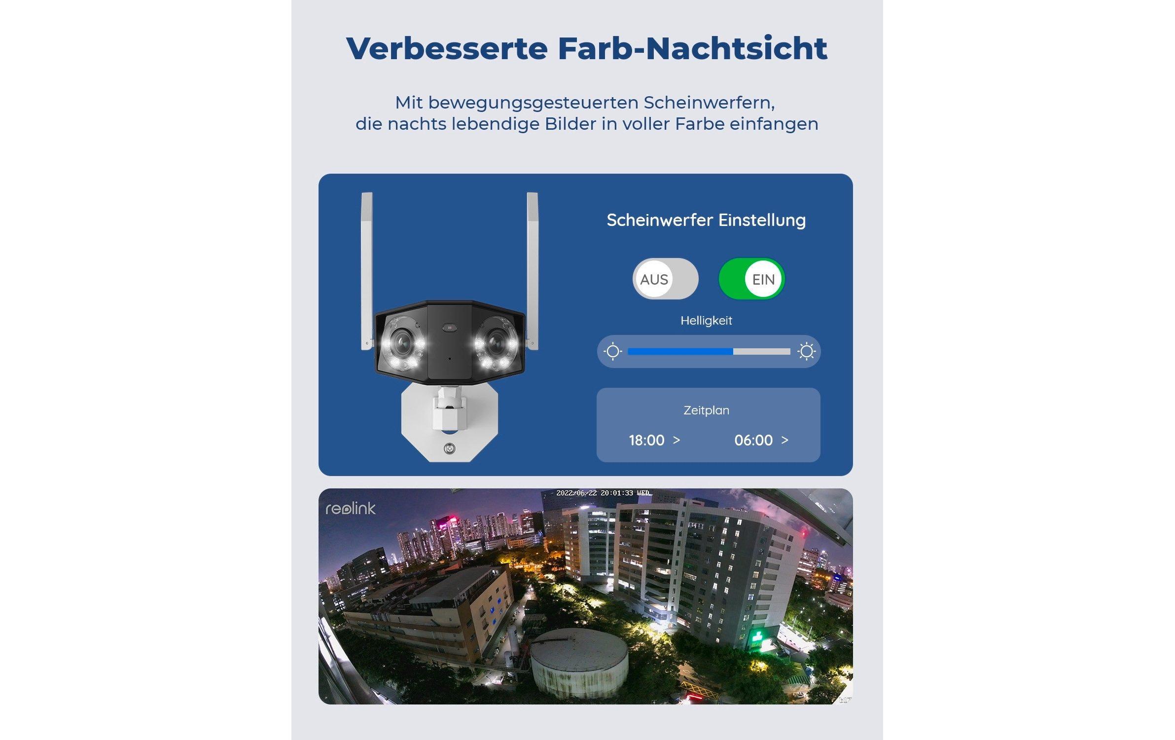 Netzwerkkamera Duo W730 180° 4K Wifi Kamera + 64 GB SD<br>Smarte wetterfeste 4K WLAN Dual-Kamera mit 180° Ultra-Weitwinkel, Spotlights, Personen-/Autoerkennung, farbige Nachtsicht, 2.4/5 GHz Dualband-WLAN für optimalen Empfang bis zu 50 m im Freien i