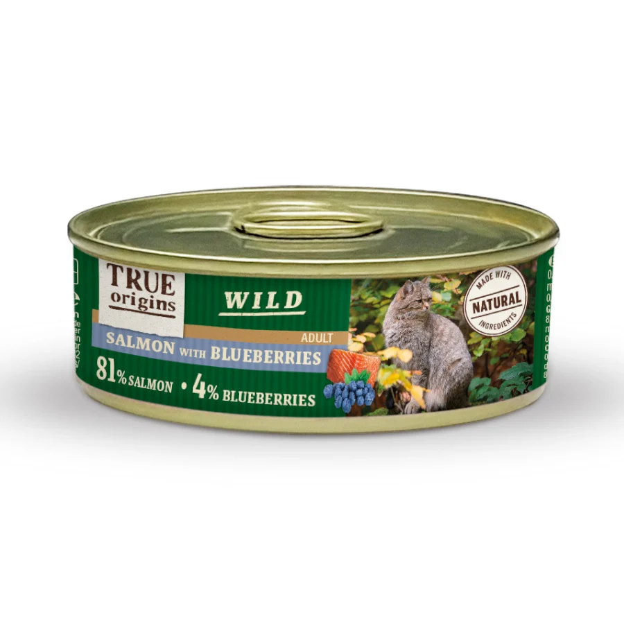 Lata de 85g de True Origins Salmão Selvagem Adulto e Mirtilo para gatos