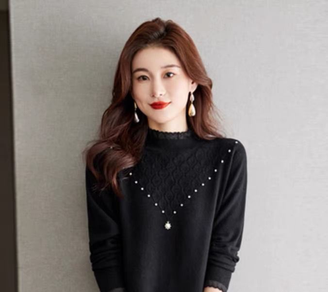 Jeonseon - Mini A-lijn jurk met lange mouwen en een mockneck, effen breisel