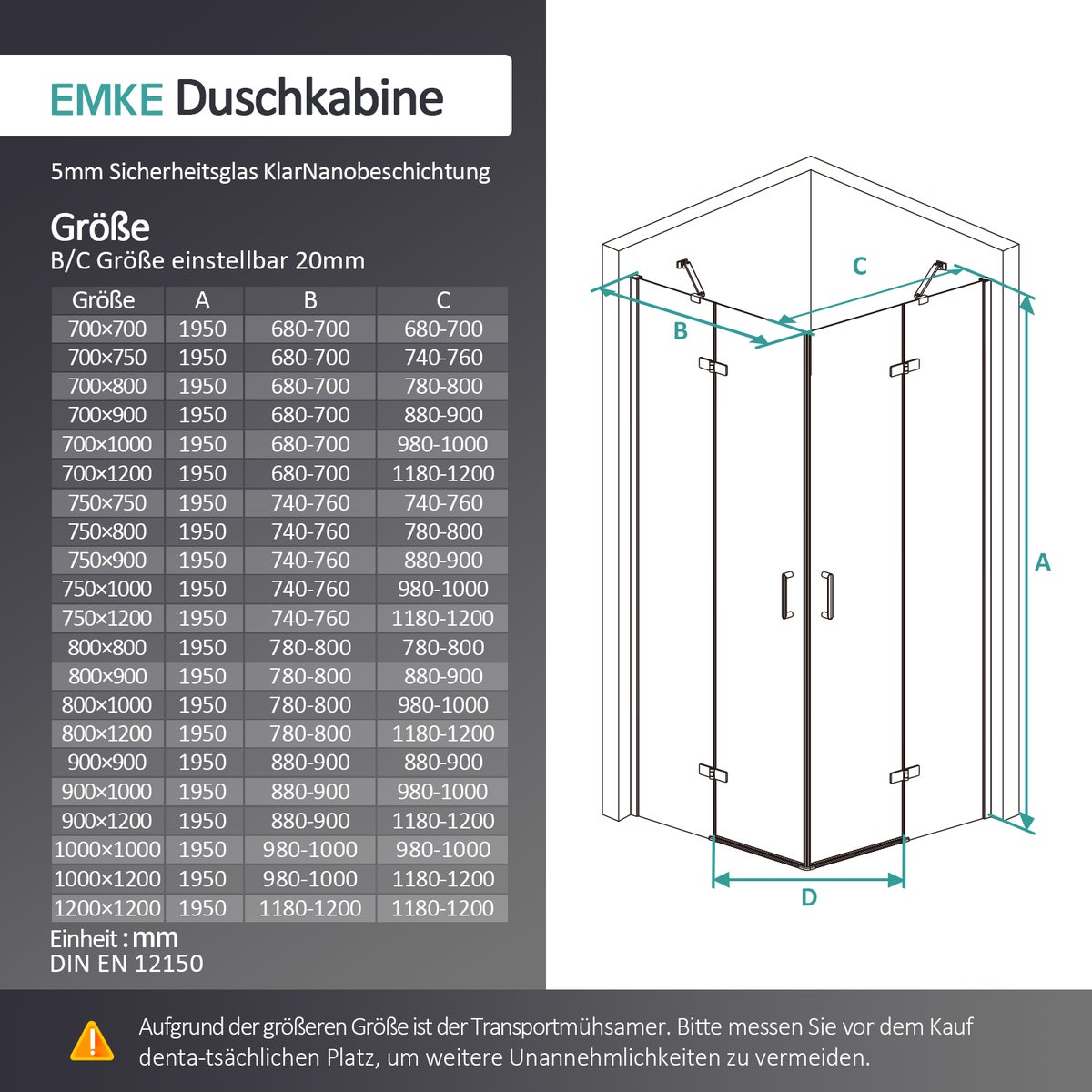 EMKE Hoekdouchecabine, Hoekinstapdouchescherm, 90x90cm, 185cm, met 5mm gehard veiligheidsglas nanocoating