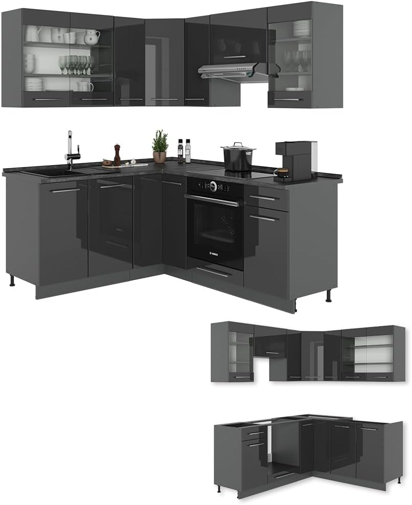 Vicco Eckküche Fame-Line, Anthrazit Hochglanz, 190 x 46 cm ohne Arbeitsplatte