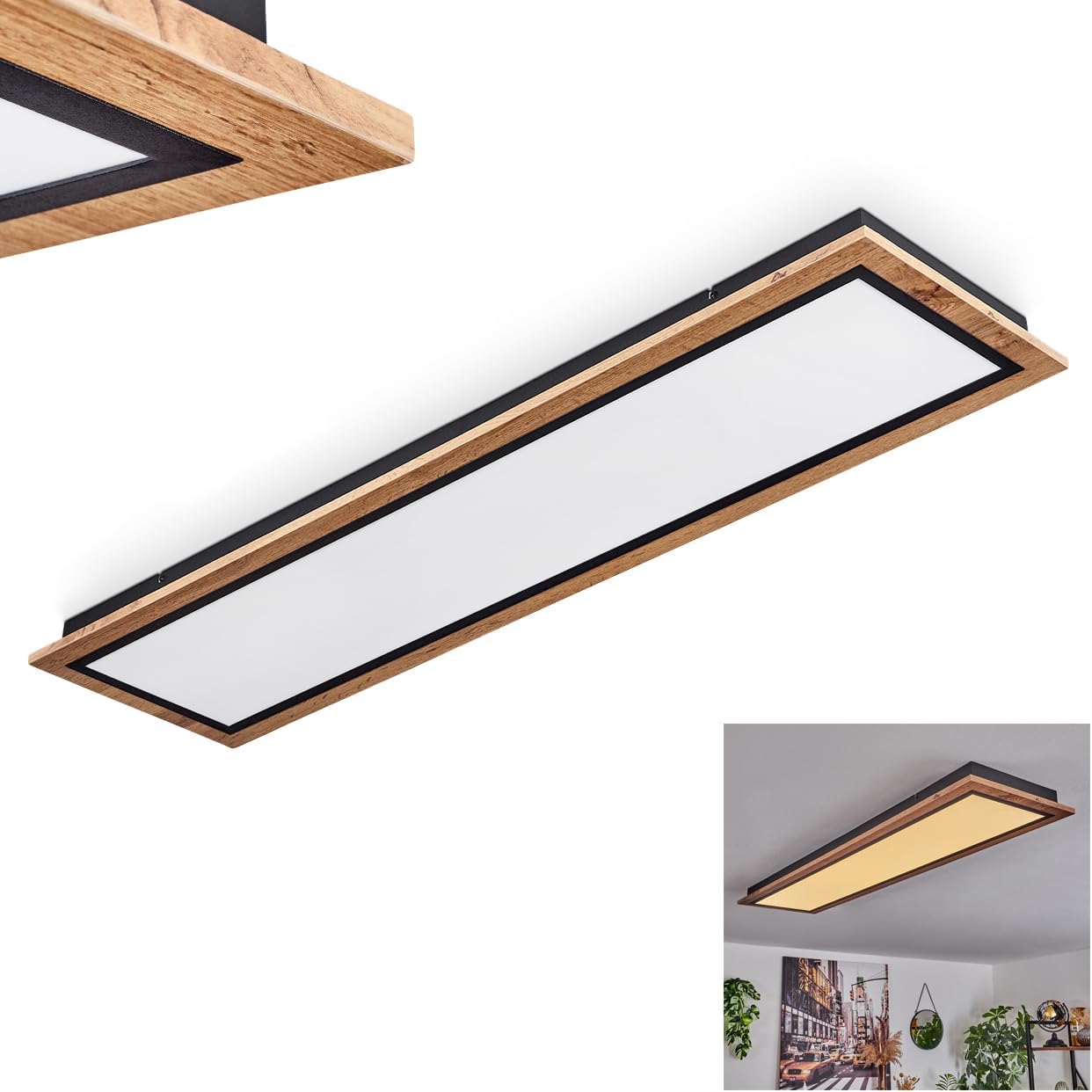 LED Deckenleuchte Salmi, moderne Deckenlampe aus Metall/MDF/Kunststoff in Schwarz/Holzoptik/Braun/Weiß, rechteckige Leuchte (120 cm x 30 cm), 4000 Lumen, 3000 Kelvin, LED 36 Watt