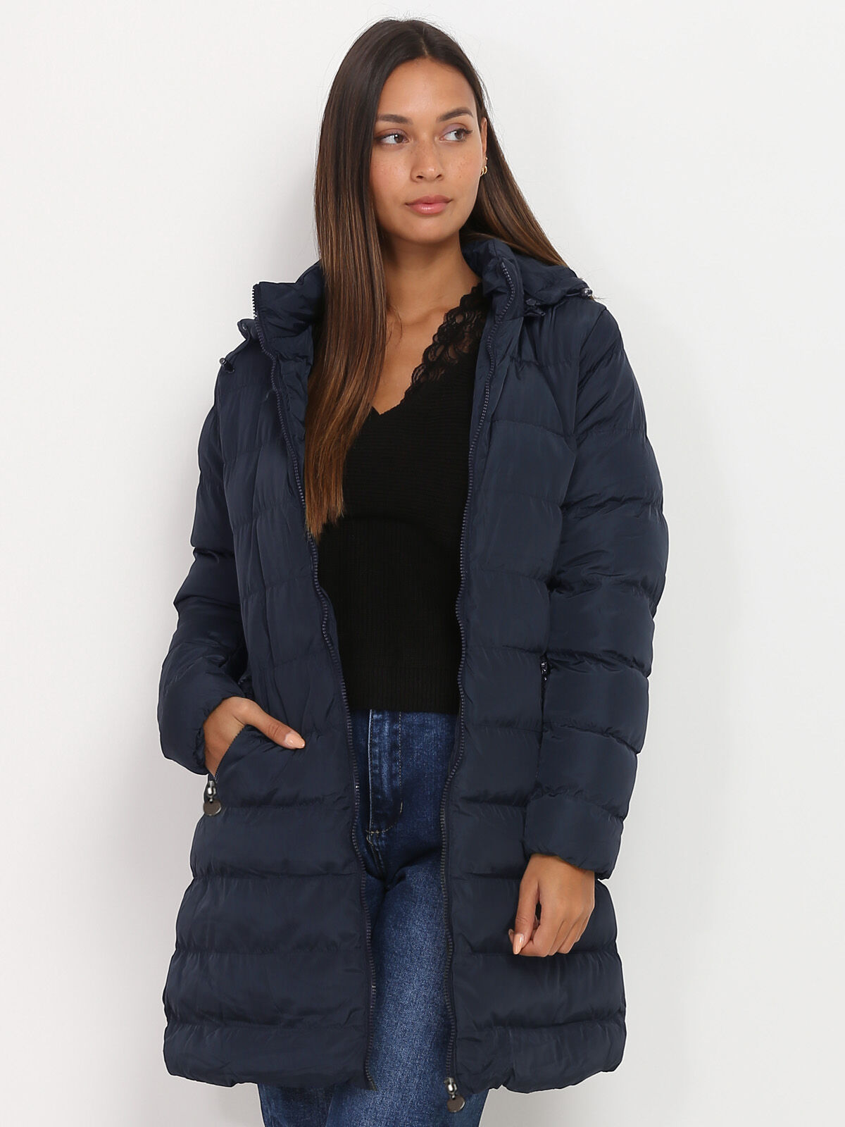 Manteau mi-long matelassé à capuche- Bleu marine