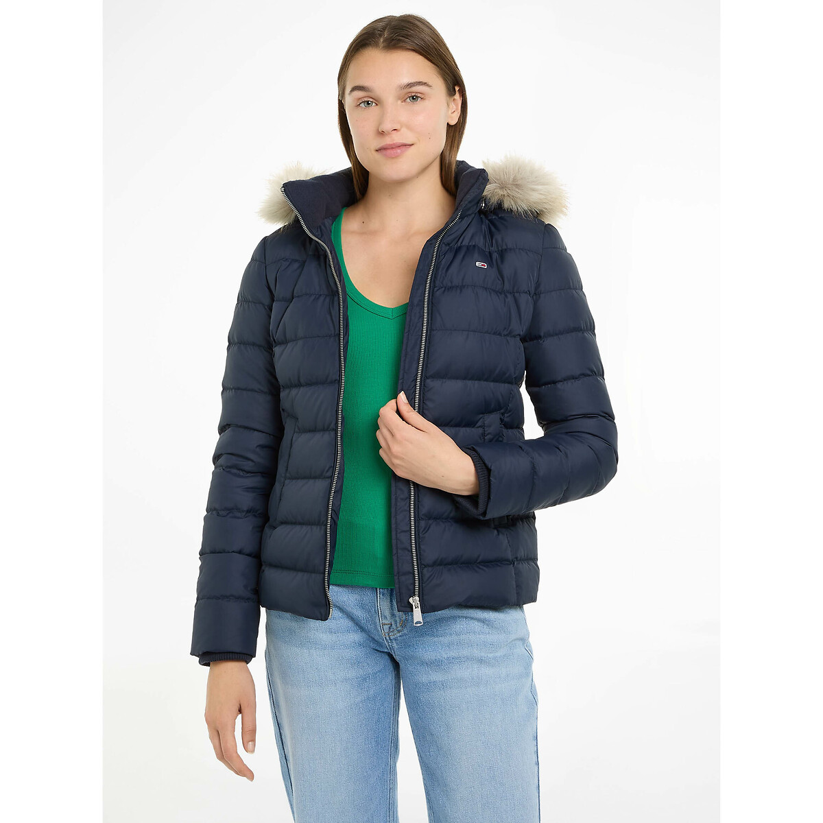 TOMMY JEANS<br>Jaqueta curta de plumas com capuz e zíper