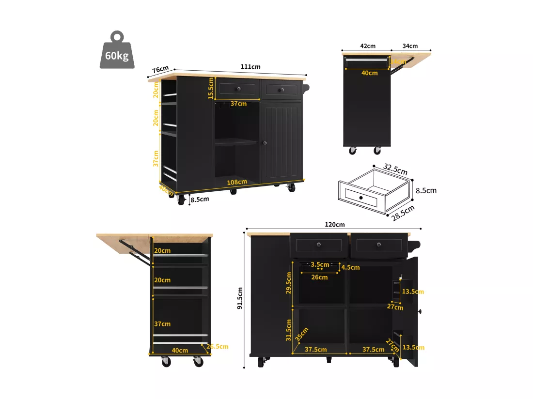 Ilot central de cuisine - chariot à roulette avec plateau extensible - 2 tiroirs et 1 portes - Noir