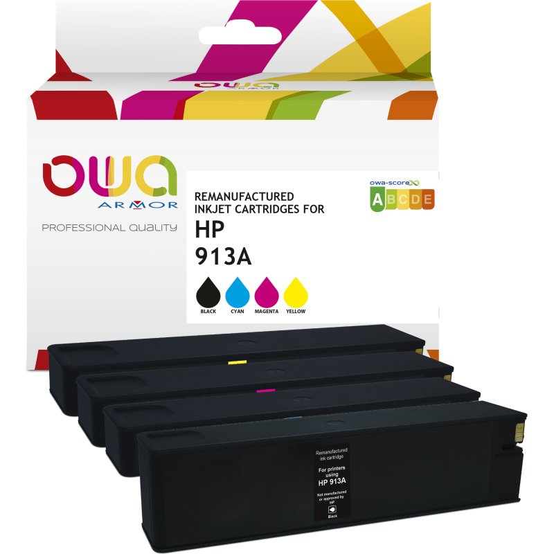 Pack de 4 cartouches d'encre remanufacturées OWA - standard - Noir Cyan Magenta Jaune - pour HP 913A