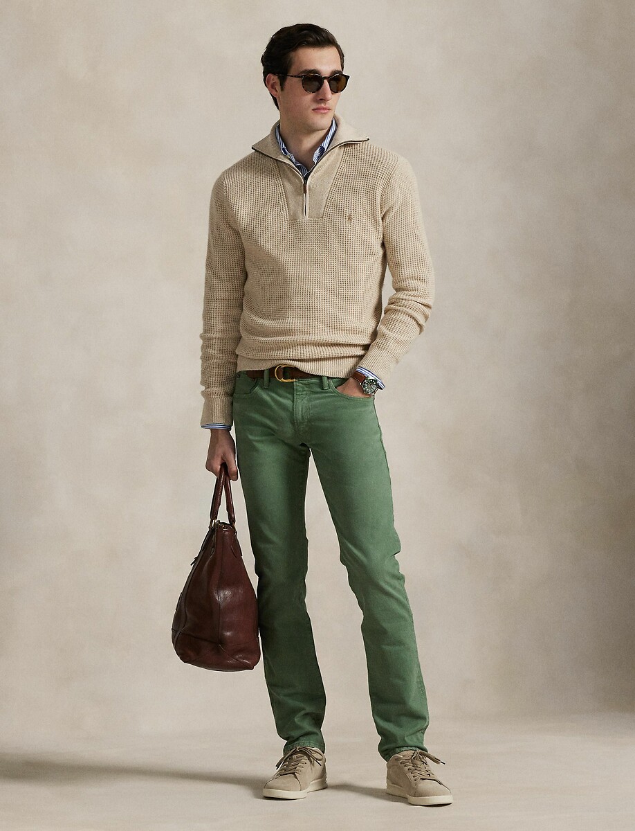 POLO RALPH LAUREN<br>Suéter com gola trucker e zíper frontal de 1/2, algodão/lã