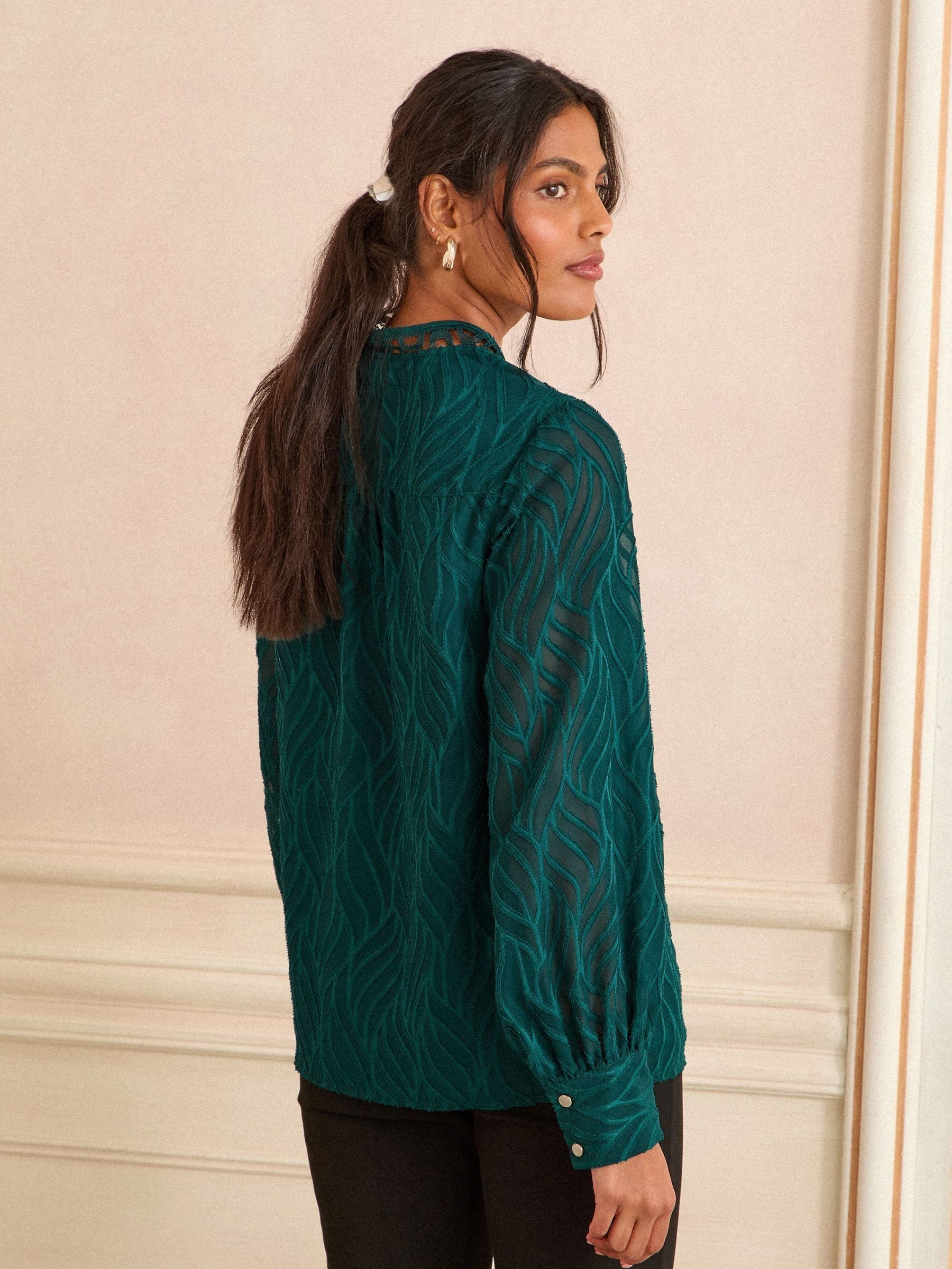 Teal Blue Burnout - Love & Roses - Blouse met lange mouwen en rits aan de voorkant