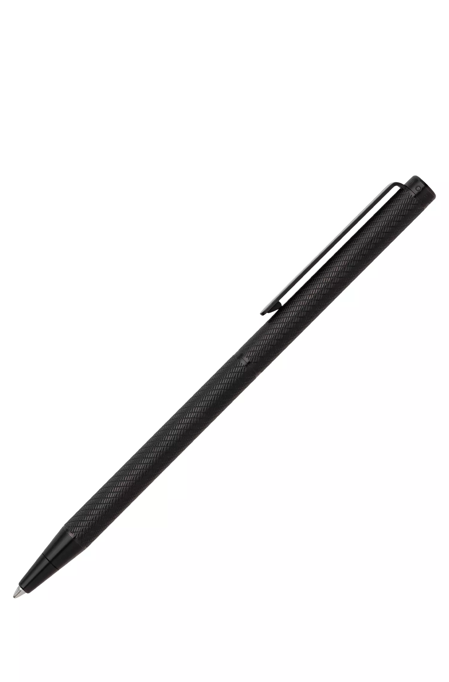 Caneta esferográfica BOSS preta com padrão gravado.