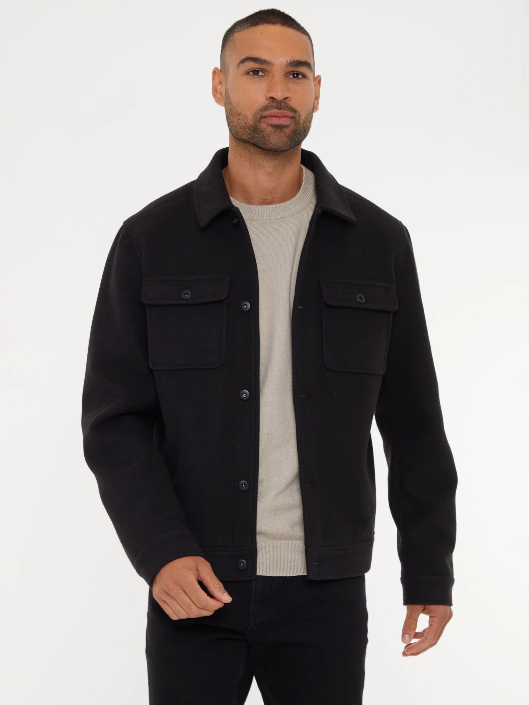Zwart - Threadbare Geborsteld overshirt met knoopsluiting