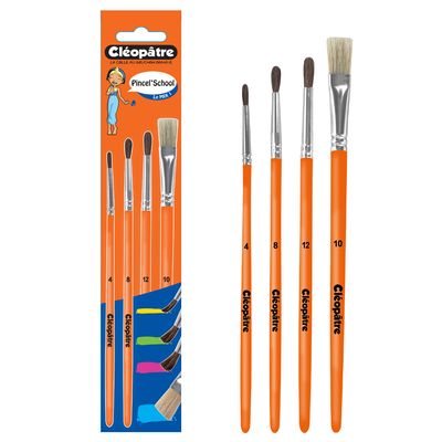 Cléopâtre - Pack de 3 pinceaux poil de poney N° 4, 8, 12 + 1 brosse n°10 en soie de porc