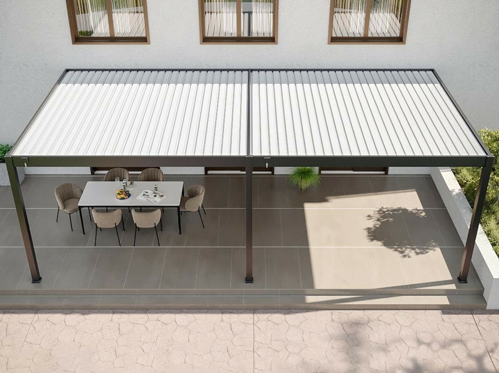 Pergola bioclimatique 4x8 - halo 32 anthracite adossee - lames orientables jusqu’a 120° - etanche - traite anti-uv - garantie 5 ans
