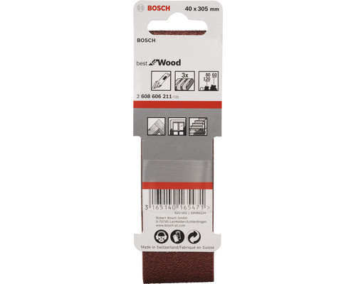 Schuurband voor Bosch bandschuurmachines, 40x305 mm, korrel 60/80/120, ongeperforeerd, 3 stuks