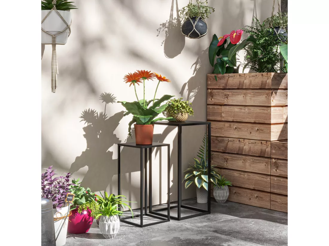 Support pots de fleurs 2 pièces - lot de 2 étagères à fleurs - portes plantes - acier époxy noir