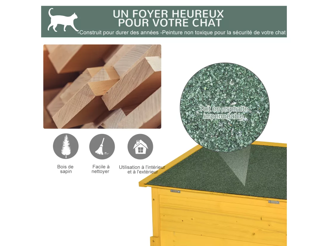 Maison niche pour chat sur pied toit bitumé ouvrant porte fenêtre bois verni