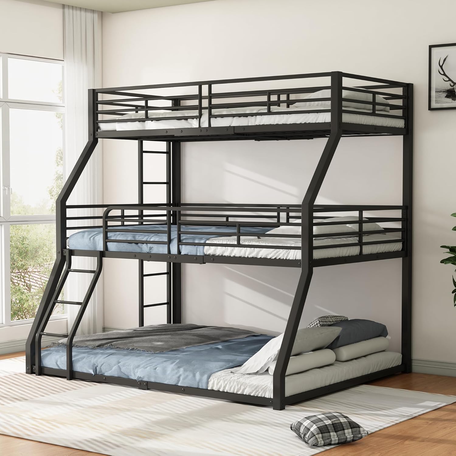 Dreifach-Etagenbett Hochbett 90x200 cm mit Leiter, Metallbett Eisenbett, Familienbett Hochbett für 3 Kinder, Jugendliche und Erwachsene, Schwarz