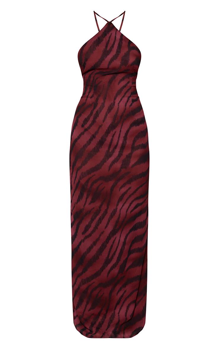 Marron Robe Longue En Mousseline À Imprimé Zèbre Avec Encolure Dos-nu Et Détails Perlés